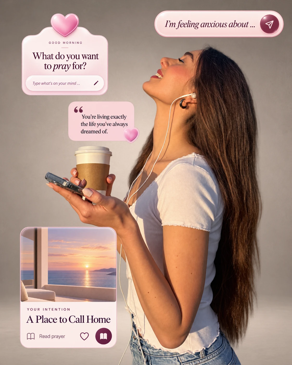 A woman listening to her personal noah prayer with headphones, surrounded by cards from the noah app